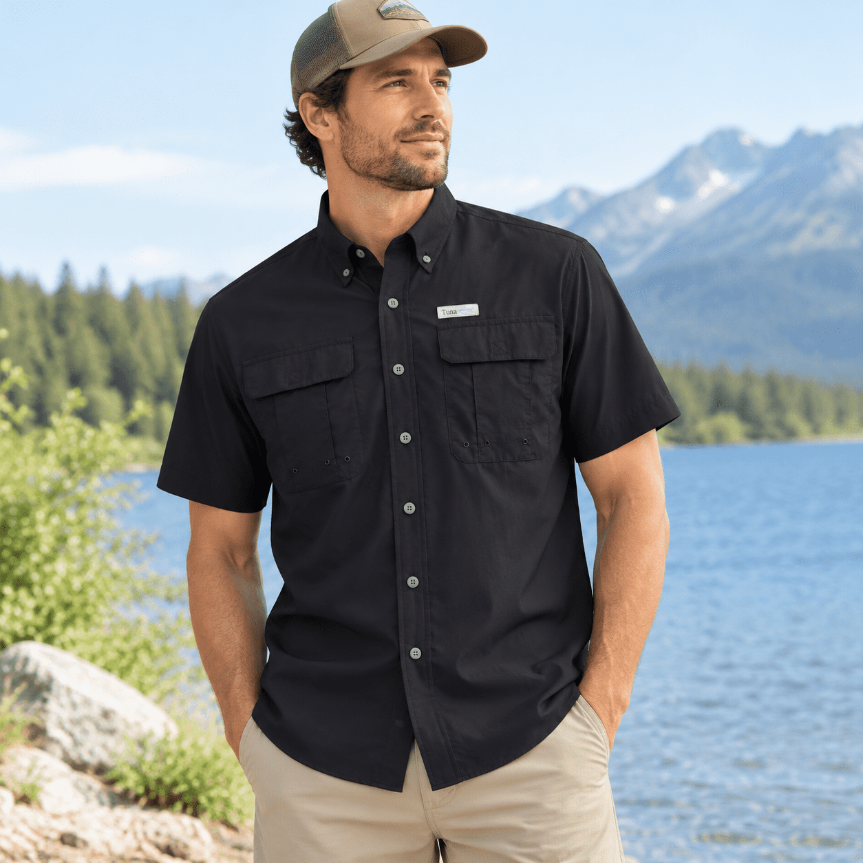 Men s Short Sleeve Fishing Shirt 9# Black X-Large UPF 50+ Sun Protection Quick Dry