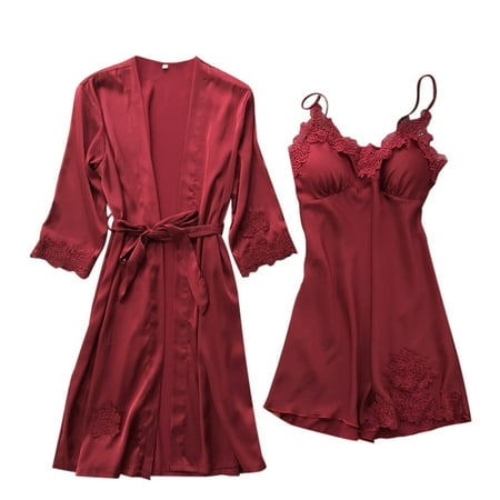 

Follure Lingerie Women Silk Lace Robe Dress Babydoll Nightdress Sleepwear Kimono Set Cardigan Women