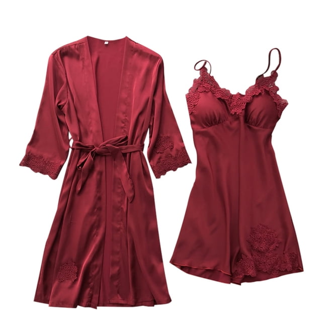 DPTALR Lingerie Femmes Robe en Soie Dentelle Robe Babydoll Nuisette Tenue de Nuit Ensemble Kimono