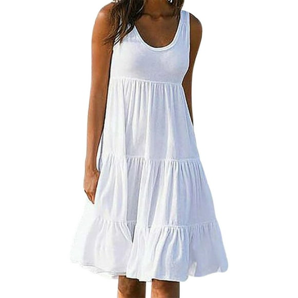 QualitChoice Dress Women Round Neck Strap Dress Girl Sleeveless Beach Clothing, White, M White L