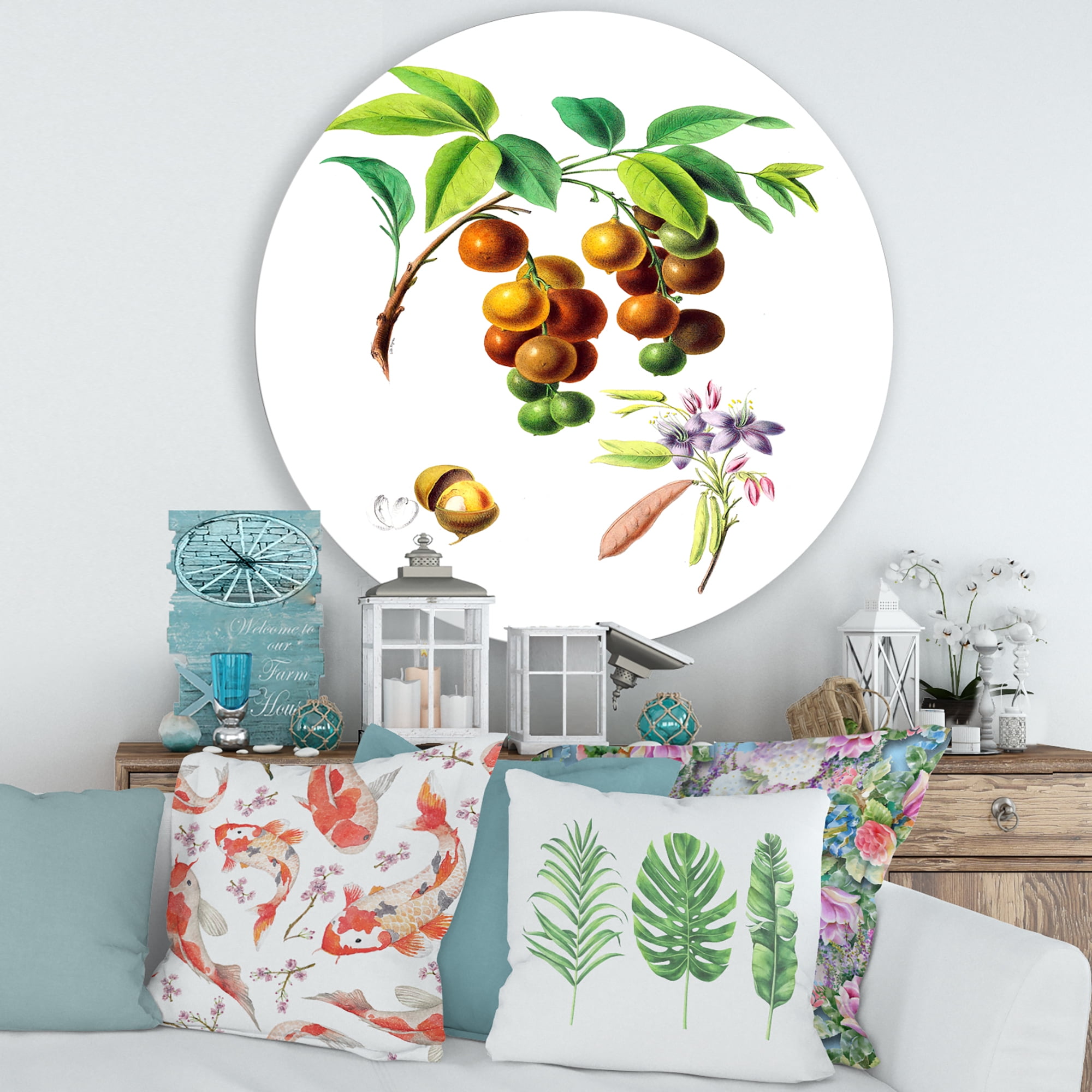 Designart 'Ancient Fruits III' Farmhouse Circle Metal Wall Art 29x29 - Disc of 29
