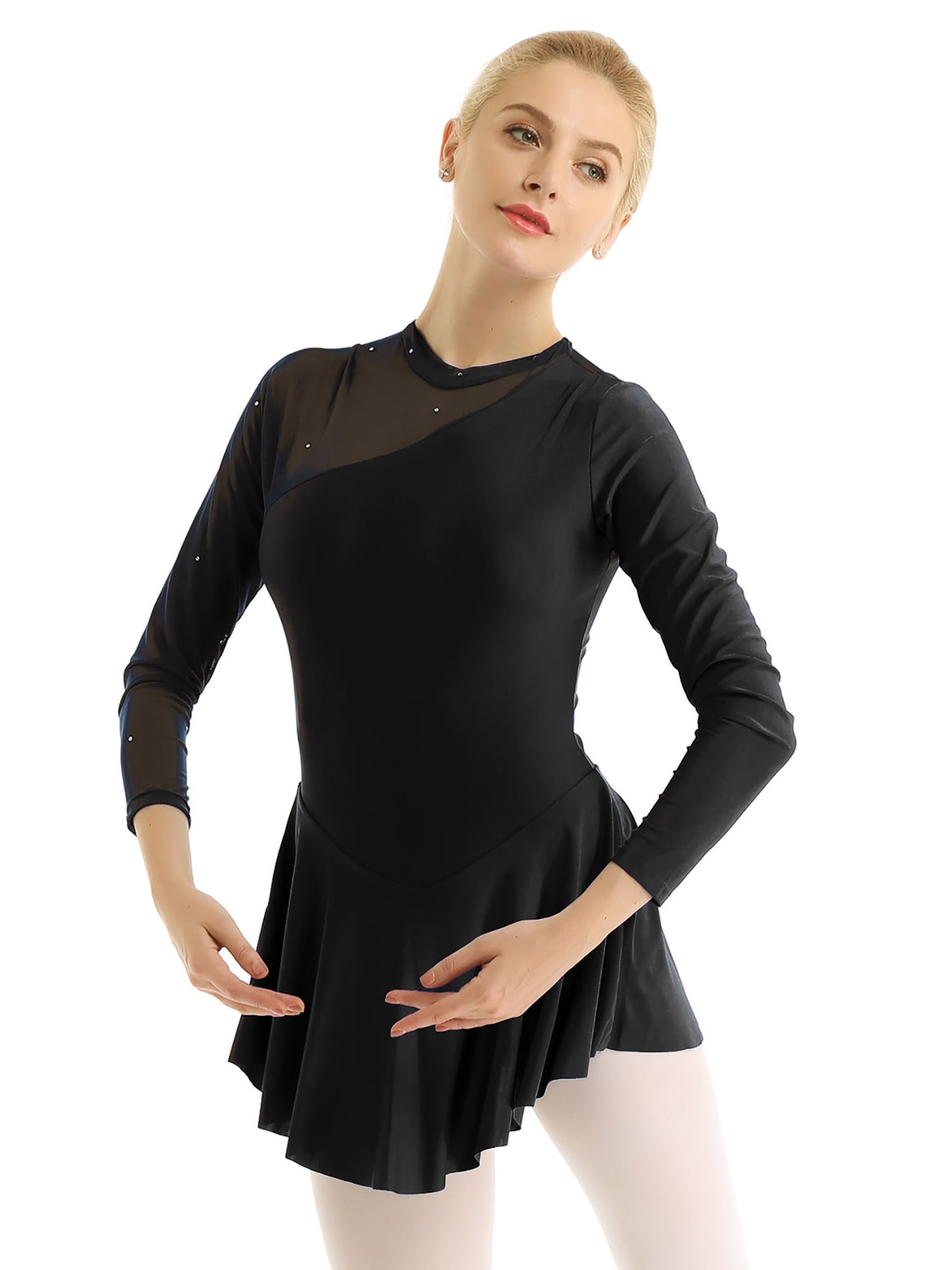 Women Adult Long Sleeve Figure Ice Skating Dress Dance Gymnastics Leotard Dress 