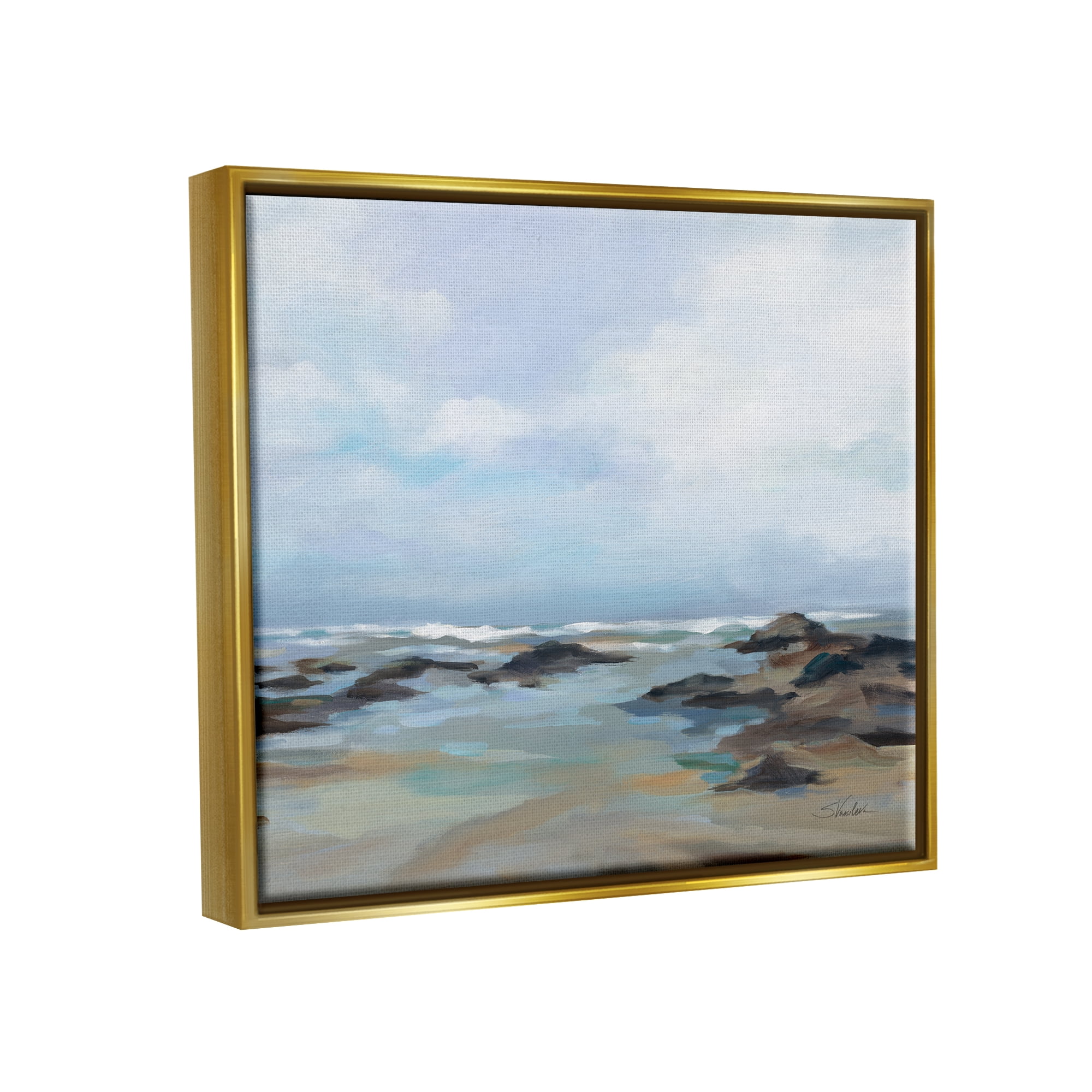 Stupell Industries Morning Beach Painting Nature Painting Gold Floater Framed Art Print Wall Art, 21 x 17