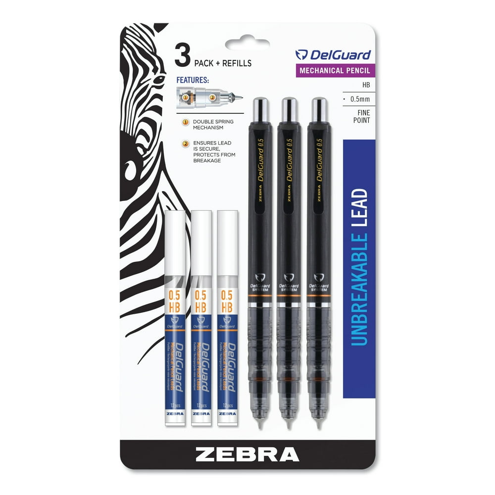 Zebra Delguard Mechanical Pencils with Refills, 0.5 mm, Black, 3/Pack