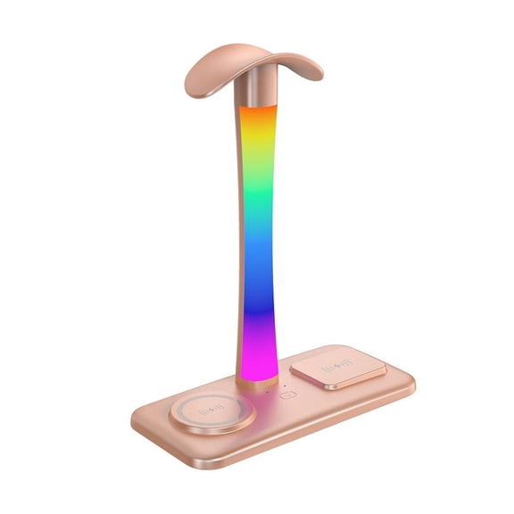 Multifunctional Headphone Stand with Dual Wireless Charging for Phone and Earbuds Adjustable RGB Light