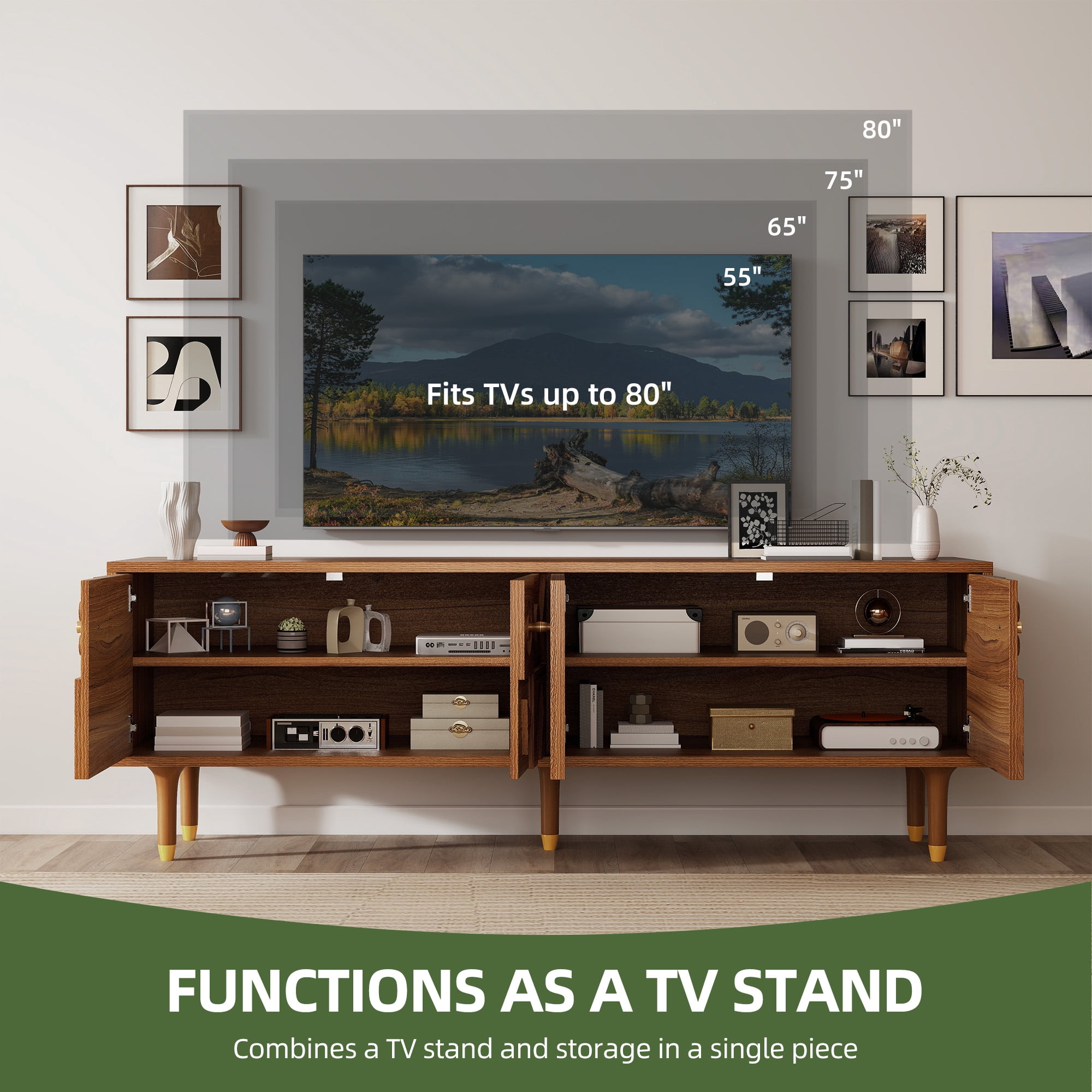 Uforic TV Stand with Storage for Living Room, Mid-Century Entertainment Center, Media Console for up to 80 Inch TVs, Walnut