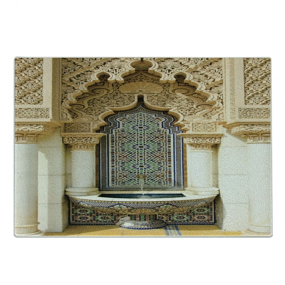 Moroccan Cutting Board, Vintage Building Design Art Historic Exterior Facade with Mosaic Print, Decorative Tempered Glass Cutting and Serving Board, Small Size, Ivory Pale Brown Blue, by Ambesonne