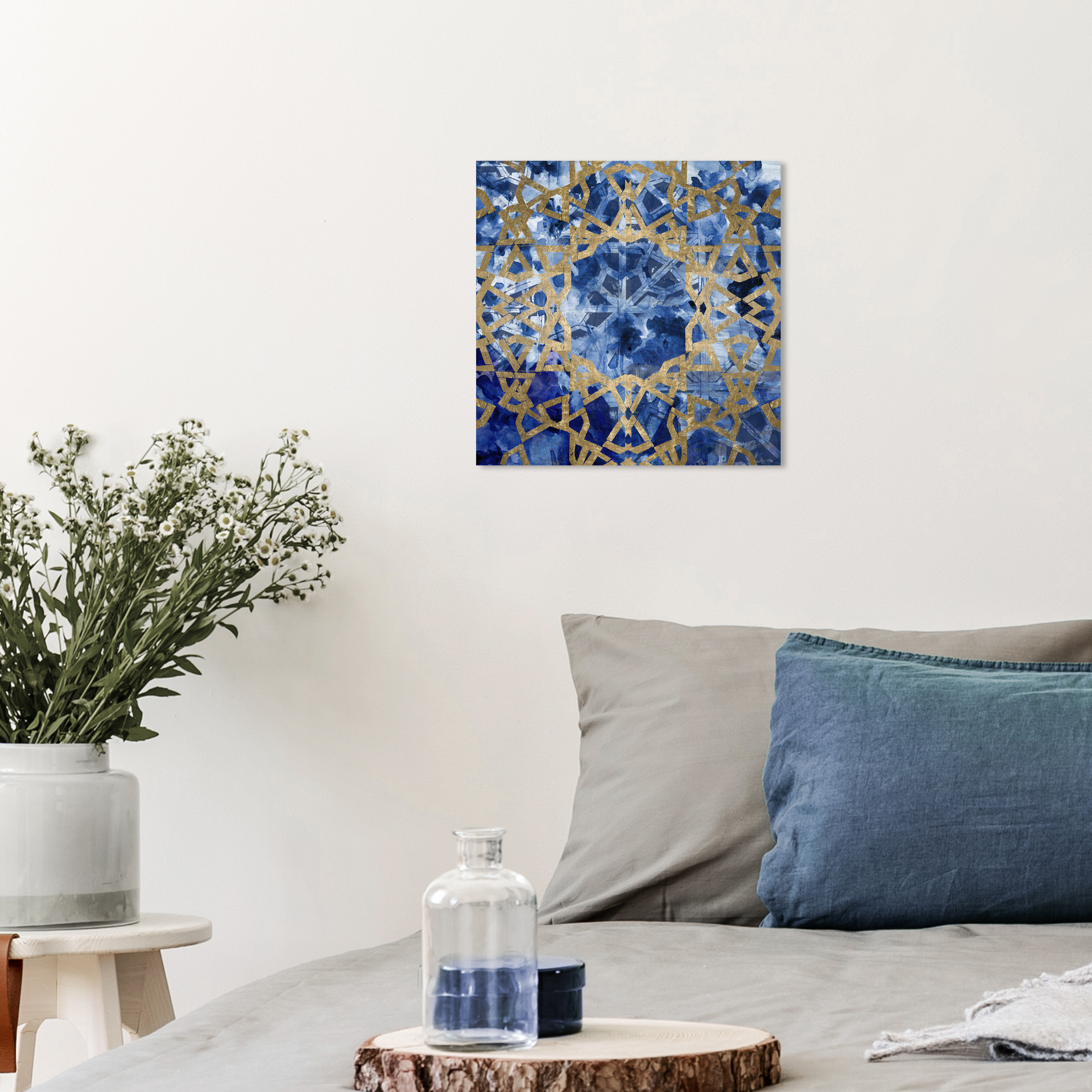 Wynwood Studio Abstract Moroccan Canvas Art - Blue Hypnotic Greek, Wall Art for Living Room, Bedroom, and Bathroom, 12 in x 12, Blue and Gold Home Decor