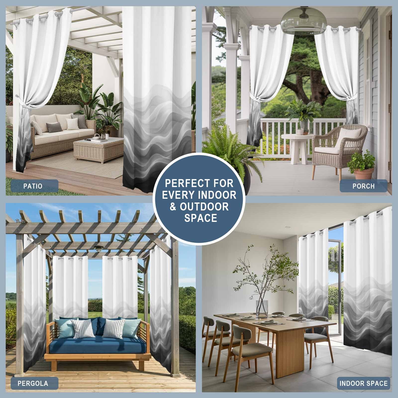 Grey Black Ombre Outdoor Curtains for Patio, Abstract Modern Gradient Ripple Sunshade Privacy Drapes Grommet Waterproof Outside Curtains for Porch/Cabana/Balcony 54"x 108", 1 Panel