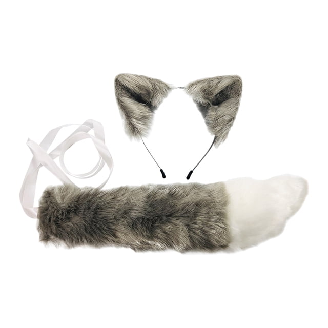 2x de gato sintética de felpa y diadema de cola larga gris Sunnimix Cosplay Play traje