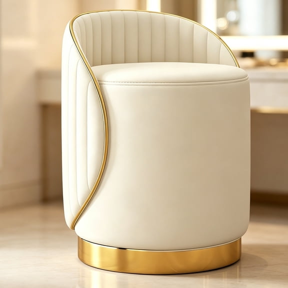 Turcyy Vanity Stool with Gold Metal Base , White 360° Swivel PU Leather Makeup Chair for Bedroom Dressing Table