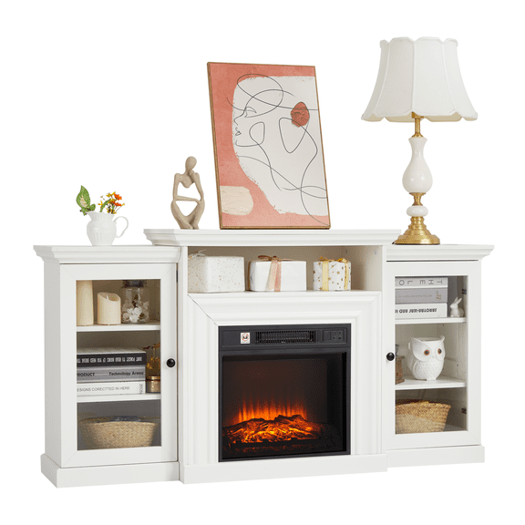 60 " Farmhouse TV Stand with 18'' Built-in Fireplace, Wood Entertainment Center TV Console Cabinet, 3-Speed Flame Brightness, Remote Control ＆ Timer, for Living Room