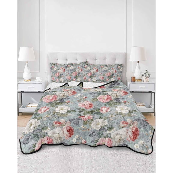 Quilts Queen Size, Vintage Spring Floral Soft Comforter Bedding Set for Bed, Summer Botanical Watercolor Lightweight Quilted Bedspread with Pillow Cover(2 Pieces) for All Season, 90x96 Inch