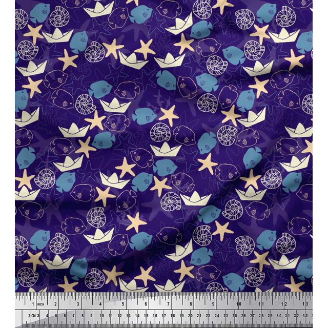Soimoi Poly Georgette Fabric Paper Boat,Fish & Starfish Ocean Print Sewing Fabric Yard 52 Inch Wide