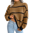 thumbnail image 2 of Womens Mock Neck Striped Chunky Knitted Sweater Winter Long Sleeve Pullover Sweaters Tops Khaki S, 2 of 7