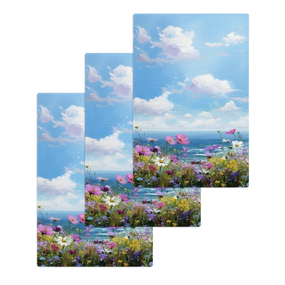 Pink Spring Floral Kitchen Dish Towels for Drying Dishes Set of 3, Modern Art Seaside Romantic Waffle Weave Microfiber Hand Tea Bathroom Towels Quick Dry & Absorbent Towel 15.7x23.6