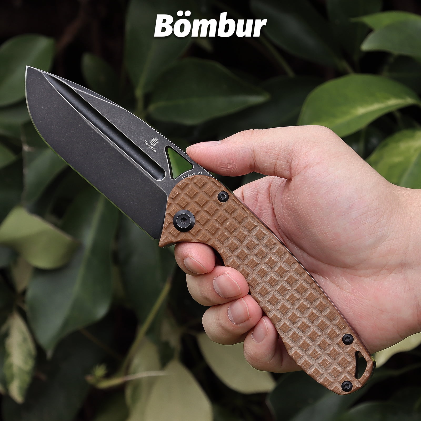 Tenable Bömbur Folding Pocket Knife 3.53'' Blackwash D2 Blade,Brown G10 with Frag Pattern Handle,T1054A2