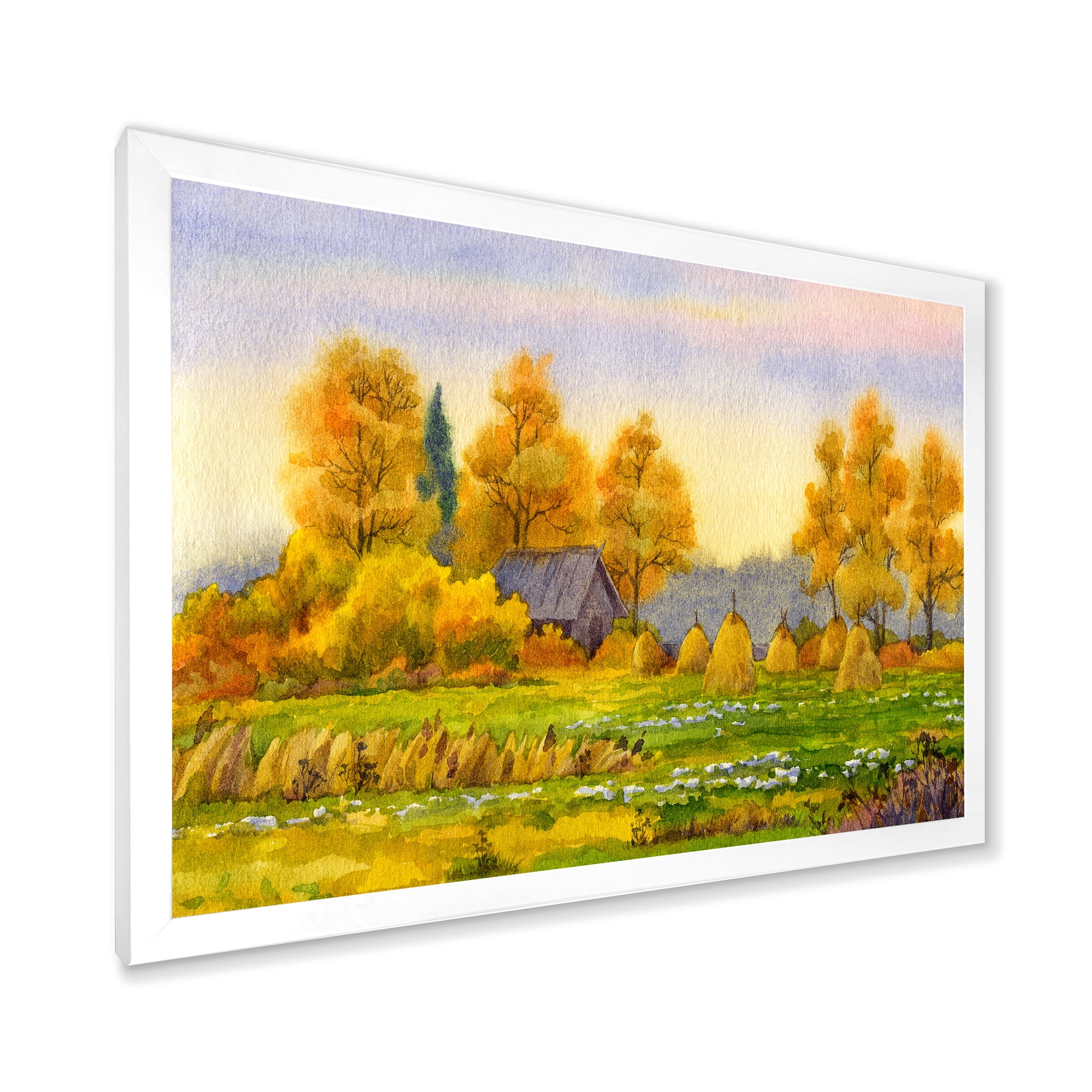 Designart 'Orange Fields With Haystacks II' Lake House Framed Art Print