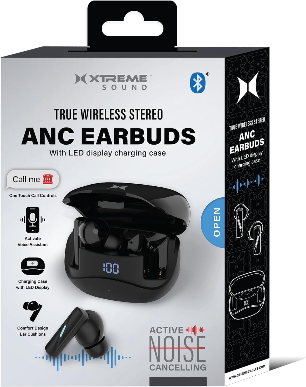 Xtreme Bluetooth Earbuds with True Wireless Stereo and Active Noise Cancelation, Charging Case with LED Display, up to 4 Hour Play Time, USB C Charging, Microphone, One Touch Controls (Black)
