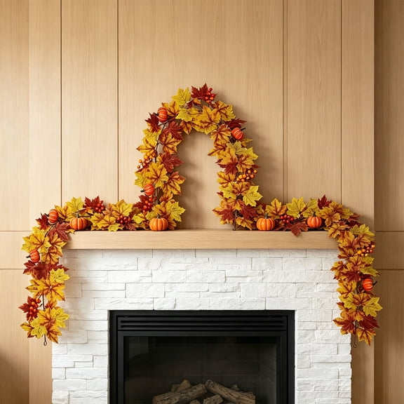 Artificial Fall Maple Leaf Garland with Mini Pumpkin, Hanging Decor for Front Door Thanksgiving Home Ornament, Autumn Seasonal Wreath Alternative