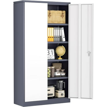 Metal Garage Storage Cabinet, 72" Tall Locking Storage Cabinet with 2 Doors and 4 Adjustable Shelves, Steel Tool Locking Cabinet for Home Office, Warehouse, School (Grey White)