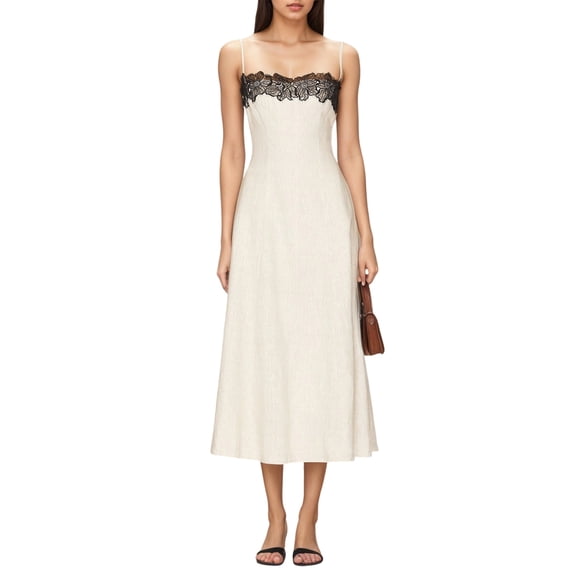 Women' Long Slip Dress Thin Camisole Maxi Robe over Knee Length Cream White L