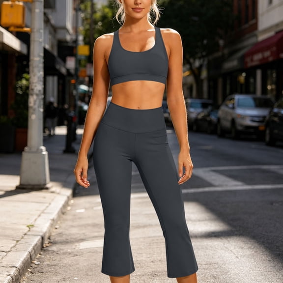 Women Racerback Scoop Neck Sports Bra High Waist Cropped Flare Pants 2 Piece Athletic Workout Outfit Sets Dark Gray L