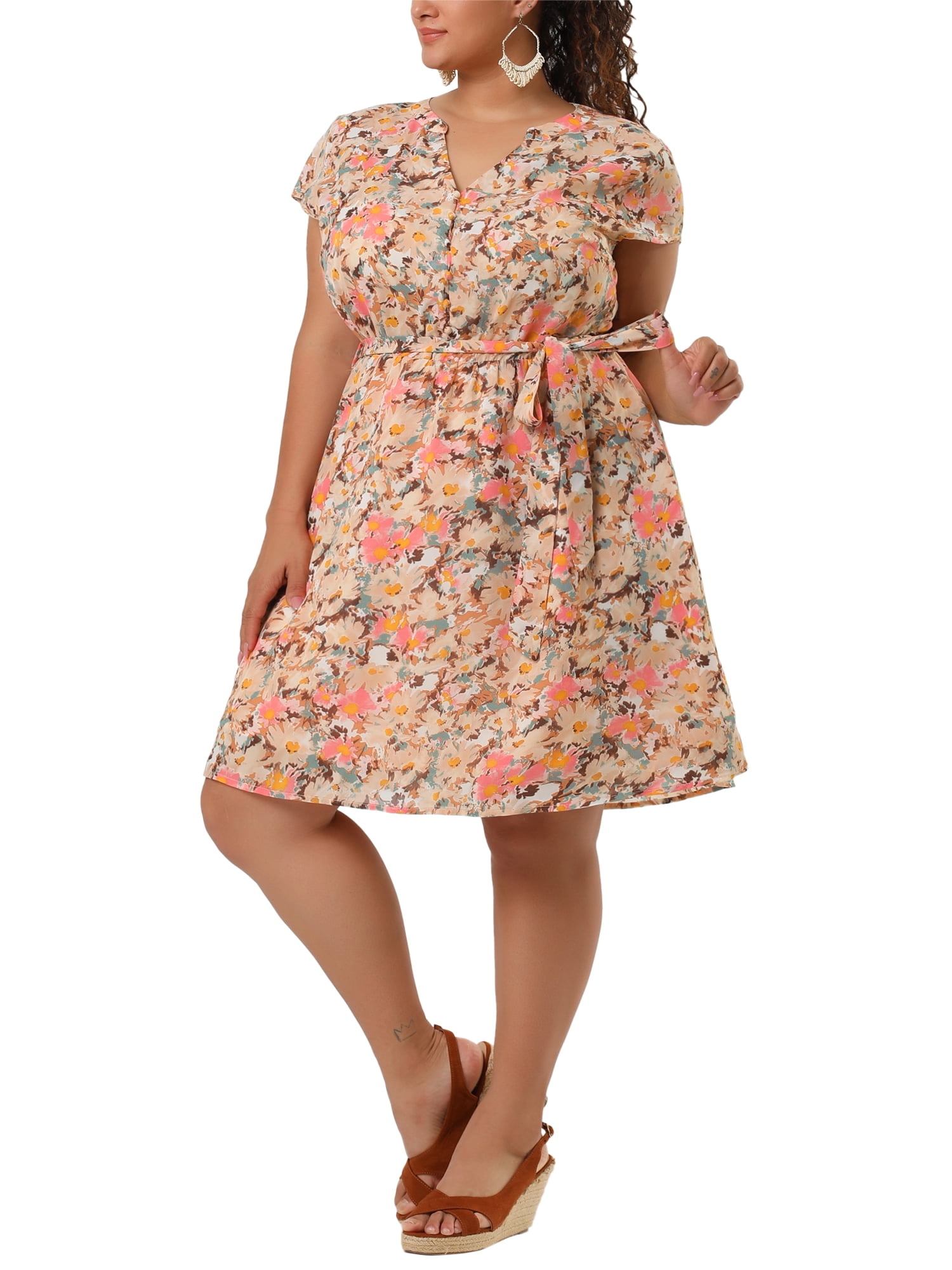 DARING DIVA  Plus Size Floral V Neck Tie Belted Dress 2X Pink