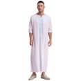 thumbnail image 5 of Bata con estampado musulmán islámico para hombre, trajes de Cosplay con cuello en V, manga corta, dobladillo con abertura, bata árabe caftán suelta para fiesta, vacaciones, ropa de descanso, 5 of 5