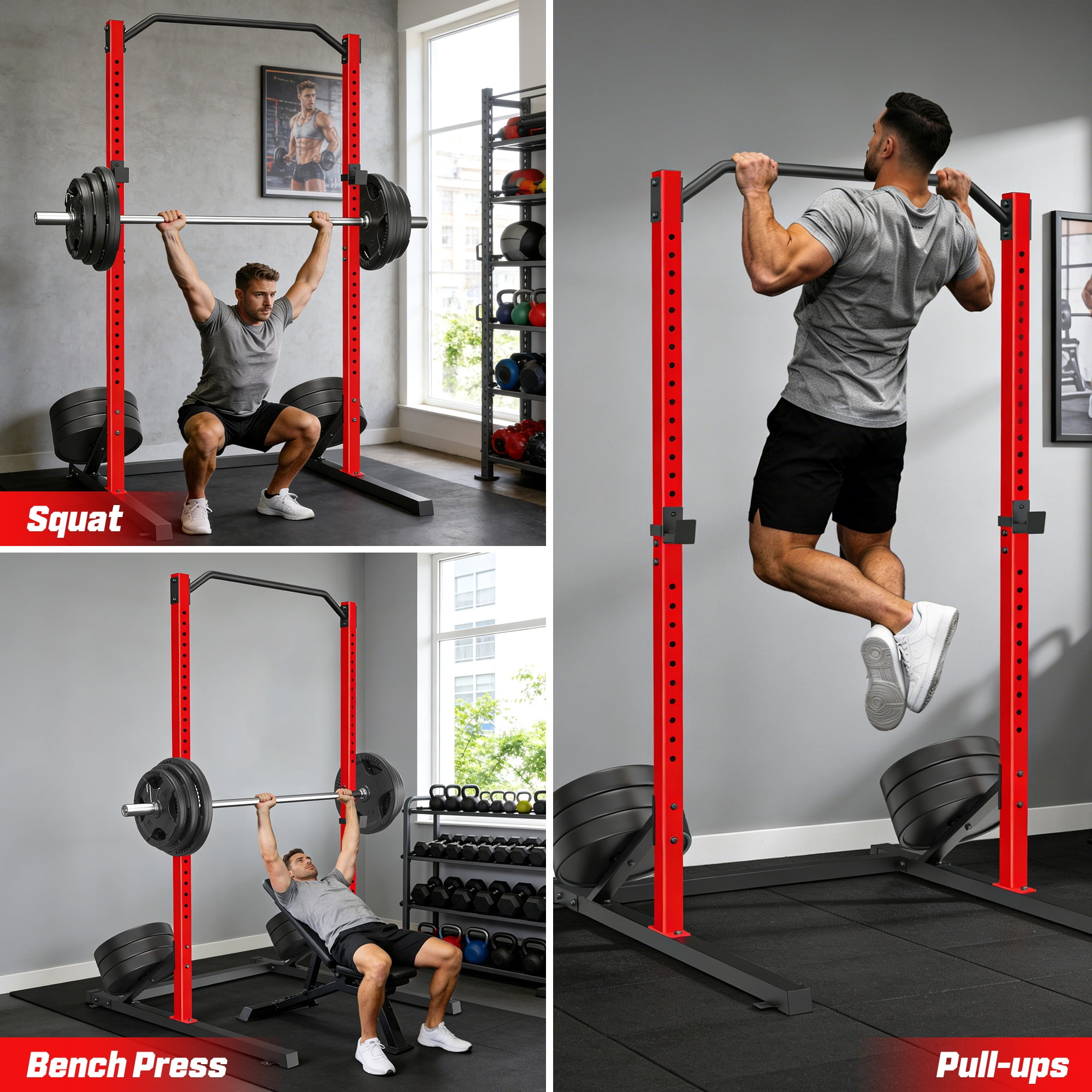 VIBESPARK Power Rack, Multi-Function 800LBS Adjustable Barbell Power Cage with Pull-up Bar and J-Hooks, Bench Press Squat Rack for Home Gym Fitness Equipment, Power Squat Rack