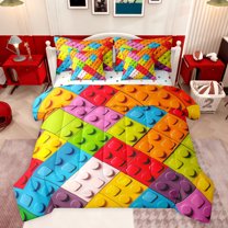 jejeloiu Construction 7-Piece Bedding Comforter Set,3D Building Blocks King Bedding Sets,Colorful Toy Brick Bed Sheets For Girls Boys,Microfiber Bedroom Decor Reversible