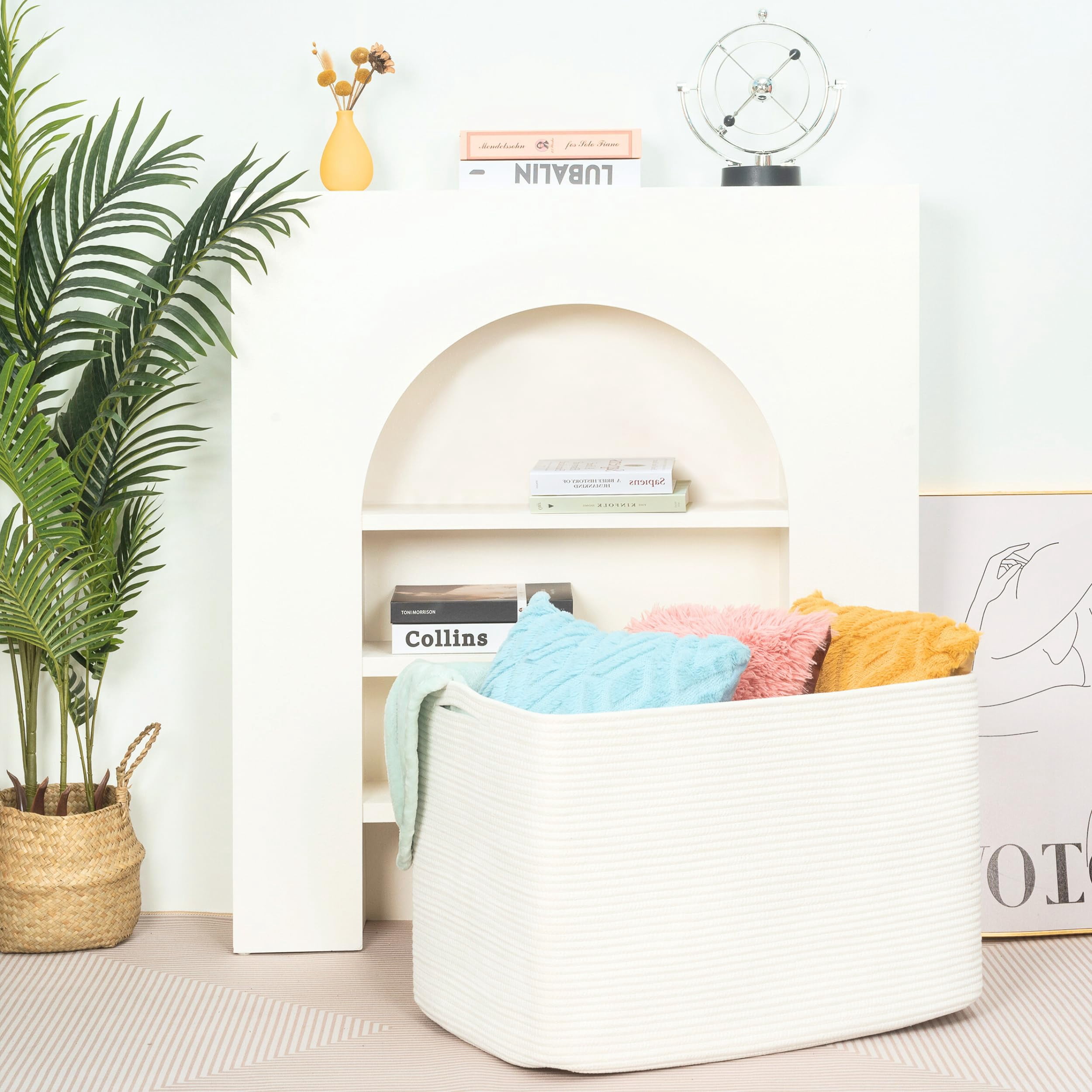 Creamy White Cotton Rope Rectangle Storage Basket 112L Extra Large For Laundry, Towels, Blankets