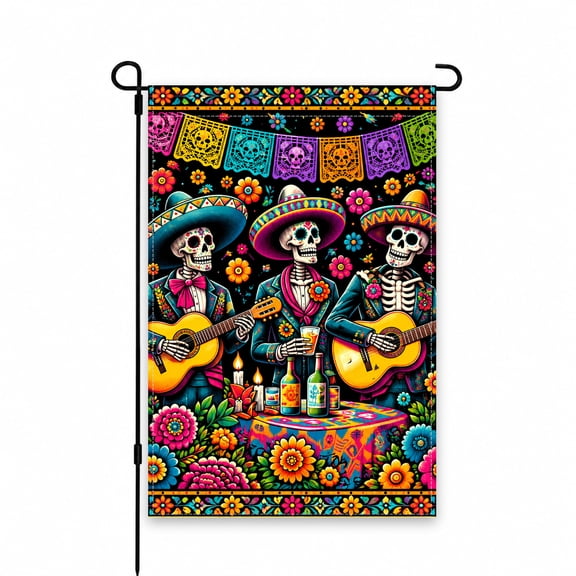 Day of the Dead Garden Flag 12 x 18 Inch, Colorful Skeleton Mariachi Band with Flowers and Papel Picado, Outdoor Yard Decor for Lawn or Patio Display