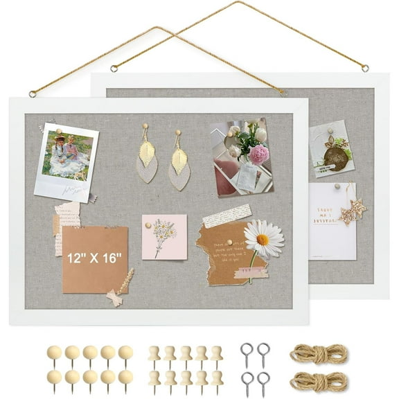 2-Pack Double-Sided Cork Board with Linen, 16" x 12" Hanging Wood Framed Bulletin Board, Picture Display Vision Board Kit Corkboards for Wall School Office Decor, 20 Pushpins (Vintage White)