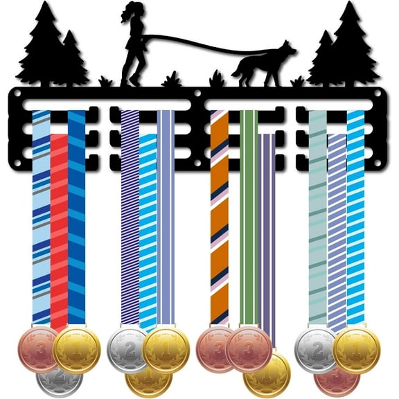 Walking a Dog Medals Holders Medal Display Hanger Small Medal Rack Organizer Metal Iron Ribbon Display Shelf Stand Frame Decor Wall Mounted Hanging for Over 40 Medals Award Black 11.4x5Inch
