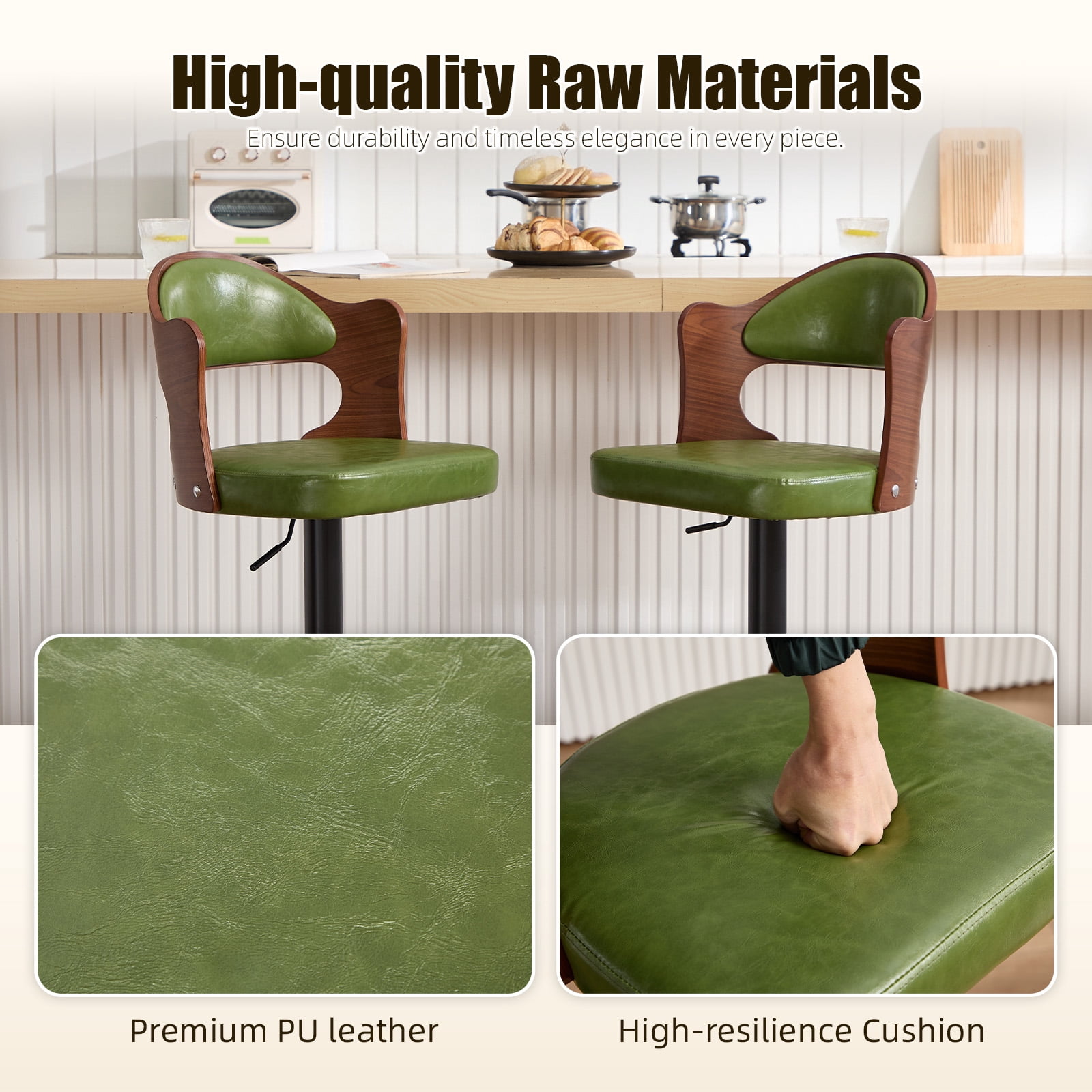 Homefun Swivel Bar Stools Set of 2,Wooden Upholstered Scratch-Resistant Fabric with Back,Chairs for Kitchen Island,Green