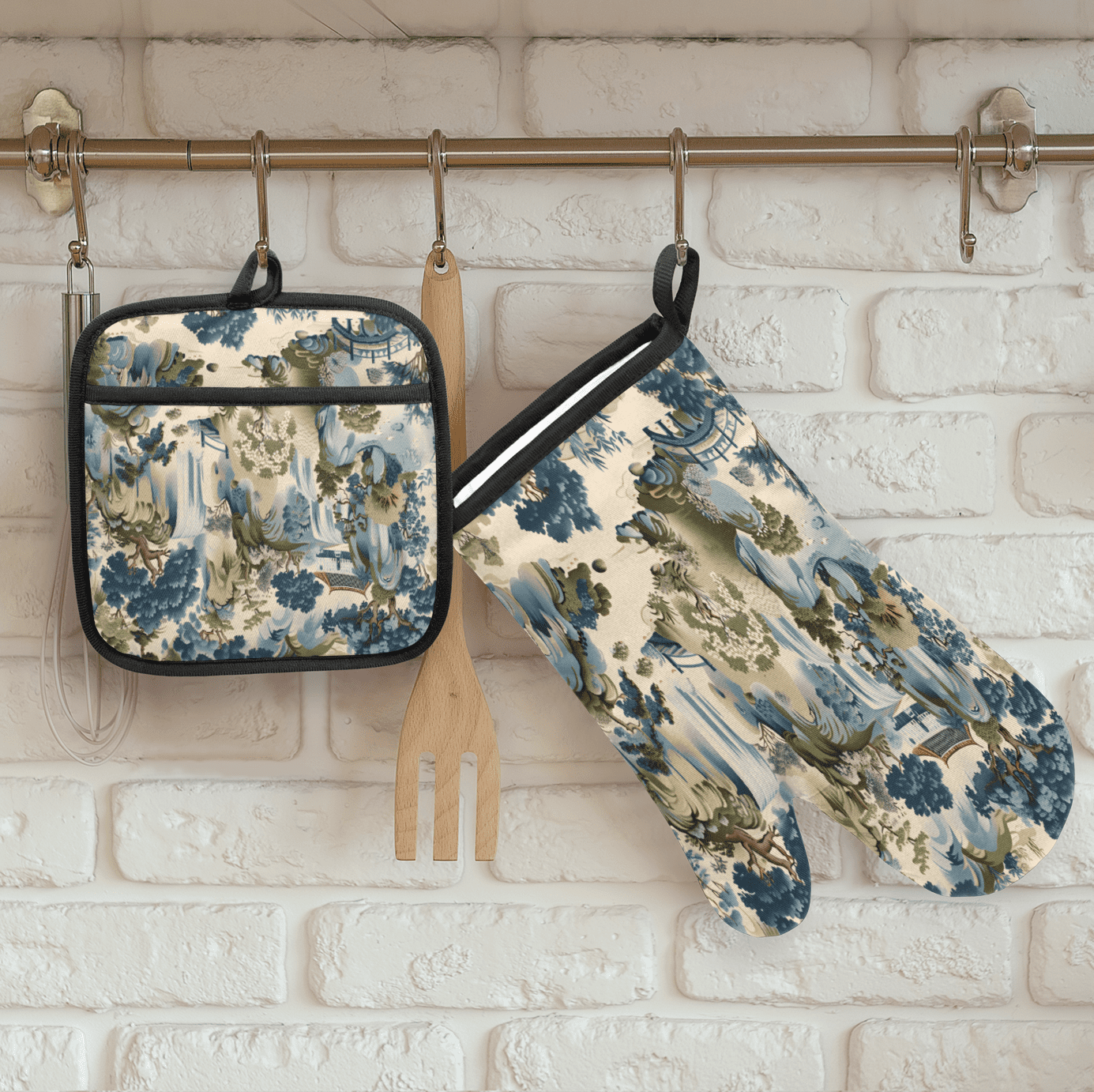 CURLYOOT Japanese Print Traditional Oven Mitts and Pot Holders Sets of 2, Non-Slip Washable Hot Pads and Oven Gloves for Kitchen Cooking Baking