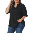 thumbnail image 4 of Agnes Orinda Women's Plus Size Textured Top Ruffled Trim Notch V Neck Puff Sleeves Summer Blouse 1X Black, 4 of 6