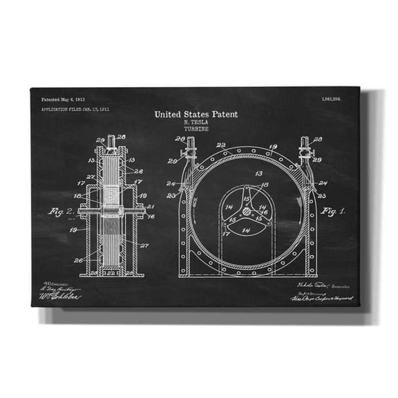 Epic Graffiti "Tesla Turbine Blueprint Patent Chalkboard" Giclee Canvas Wall Art, 18"x12"