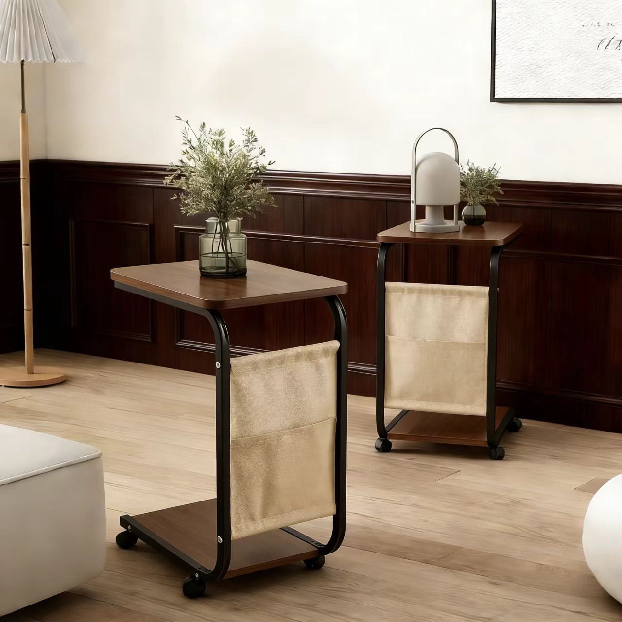Howcool C-Shaped End Table with Wheels, 25.1" Mobile Sofa Side Table Slide Under Couch, Double Layer Storage & Side Pocket, Space Saving Brown for Living Room Bedroom, 2-Pack