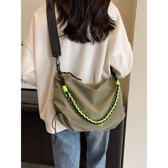 Olive Green Foldable Crossbody Bag With Neon Braided Strap