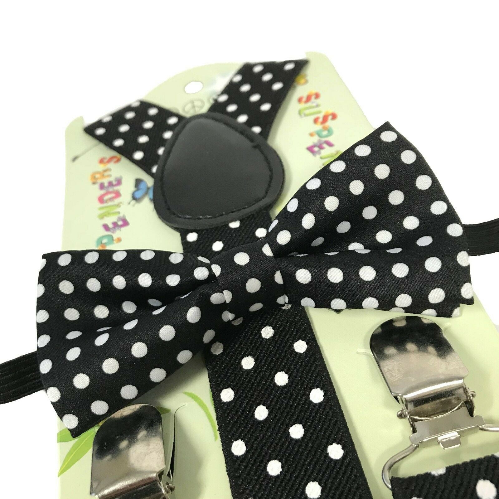 'BLACK & WHITE POLKA DOT' Matching Suspender & Bow-Tie Set Kids Toddler Baby Boys Girls
