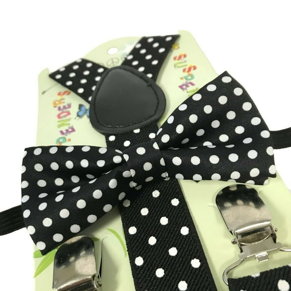 "BLACK & WHITE POLKA DOT" Matching Suspender & Bow-Tie Set Kids Toddler Baby Boys Girls
