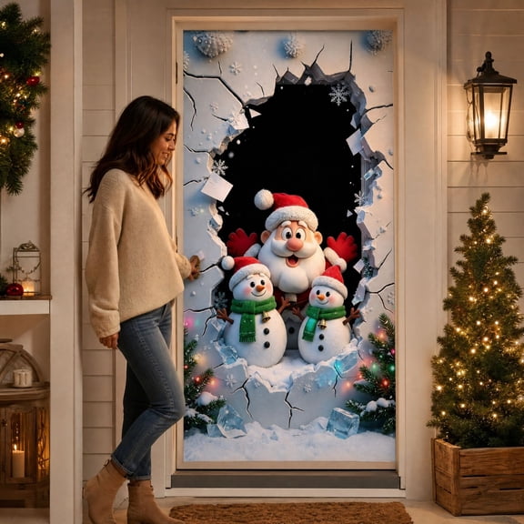 180 x 90 cm Christmas Door Cover, Printed holiday door decoration and party backdrop, for front door, indoor door, wall, classroom, office and Christmas party decor, Design 1