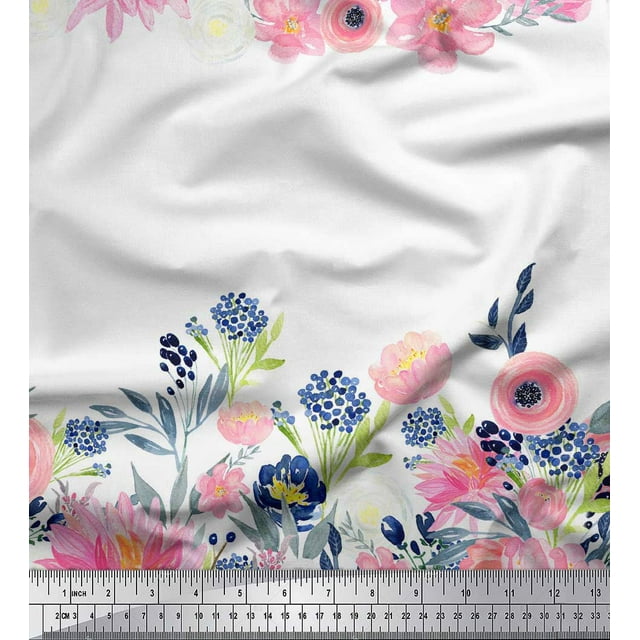 Soimoi White Cotton Duck Fabric Ranunculus & Chrysanthemum Floral Print Fabric by the Yard 44 Inch Wide