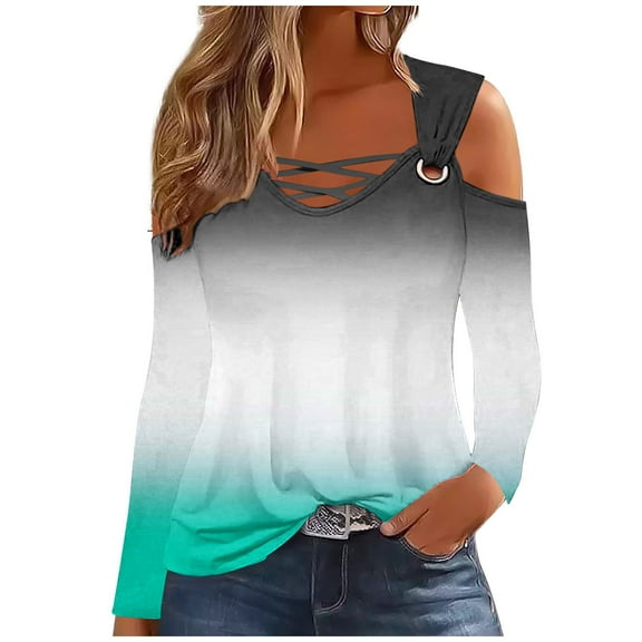 Scyoekwg Tops for Women Trendy Fall Shirts Loose Dressy Casual Comfy Clothes for Women Gradient Color Graphic Tee V-Neck Off Shoulder Tops Long Sleeve Pullover Tops (Green,XL)