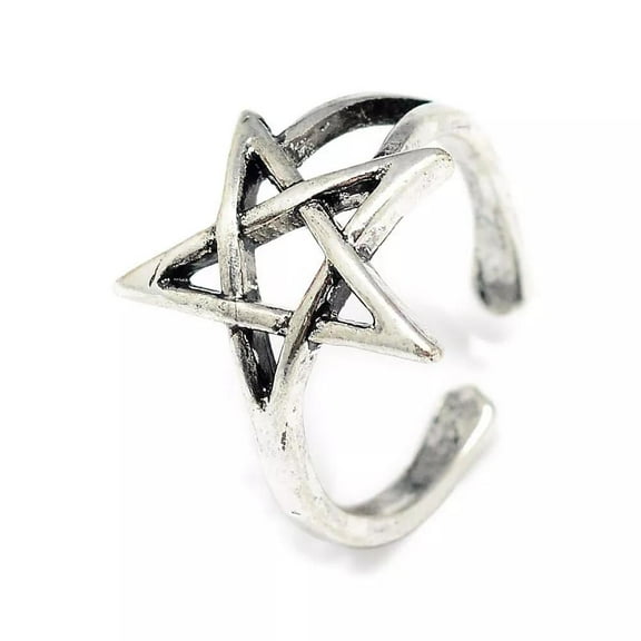 Alloy Cuff Finger Ring Pentagram Antique Silver Size 4 Adjustable 15Mm P430