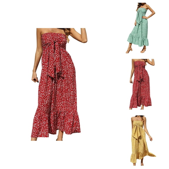 Boho Maxi Dress for Women Summer Floral Off Shoulder Strapless Ruffle Beach Vacation Clothes Outfits for Women Flowy Long Dresses Vestidos Casuales Para Mujer