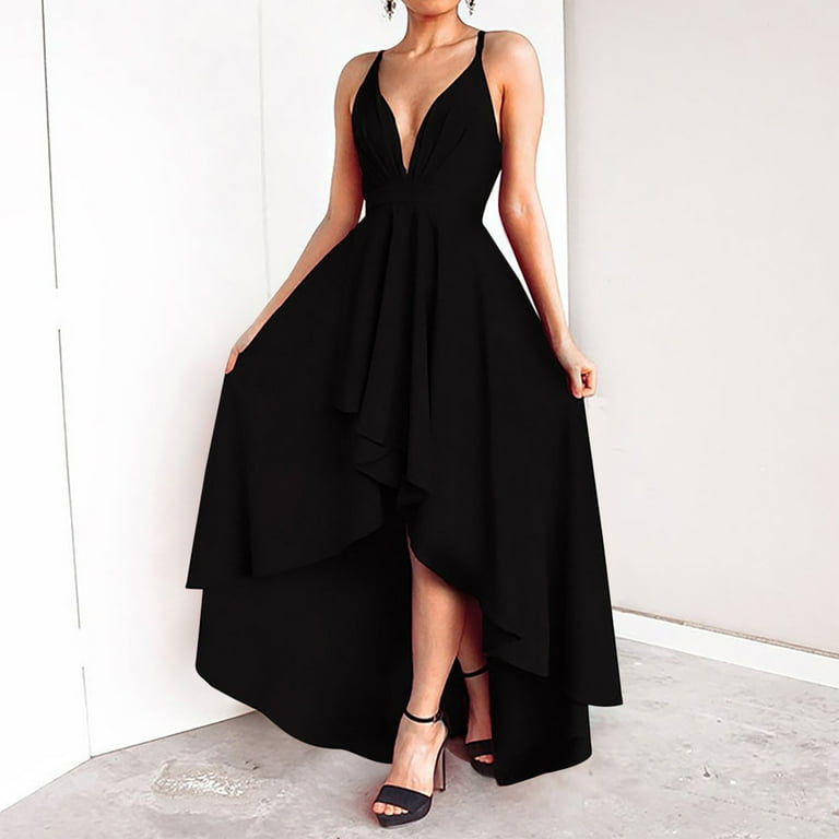 Strappy A-line Dresses for Women Deep V Irregular Ruffed Hem Party Dress  Back Tie Pleated Waist Solid Color Max Dress - Walmart.com