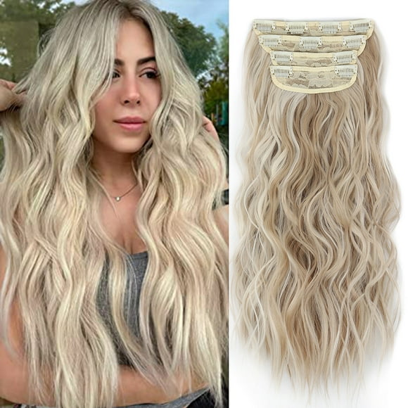 EcoNesxp Long wavy full head hair extensions clip-in hair extensions clip-in hair extensions 4 pieces platinum and dark blonde hair extensions long wavy full head hair extensions clip-in synthetic fi